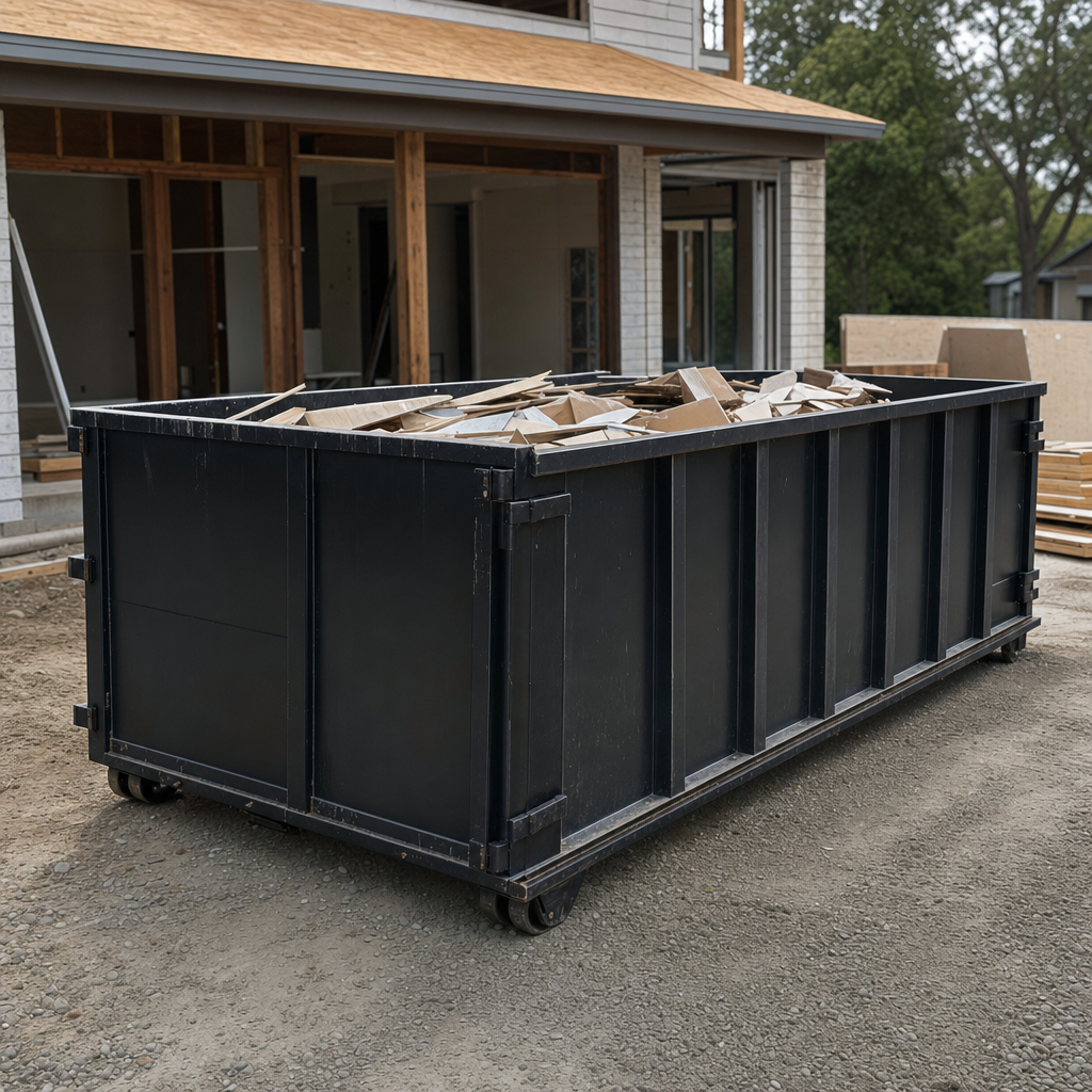 Large matte-black 30-yard construction roll-off dumpster at an active Port Orange jobsite, steel-gray top rails and bottom rollers visible, loaded with construction debris.