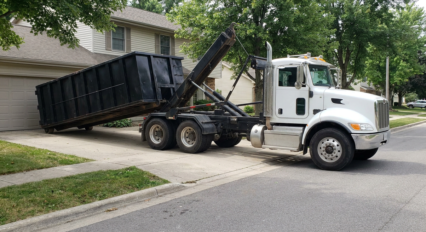 White-cab hooklift roll-off truck actively lowering a matte-black dumpster onto a Port Orange residential concrete driveway, the dumpster's rear wheels touching the driveway as the hoist arm tilts the bed forward, mid-morning daylight.