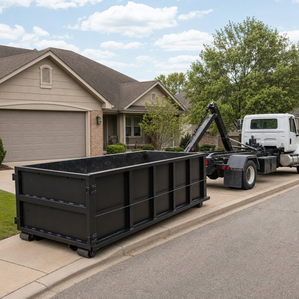 Wide documentary shot of a matte-black roll-off dumpster on a Port Orange residential driveway in the foreground and a contractor jobsite container in the soft-focus background, bright daylight, calm and orderly composition.
